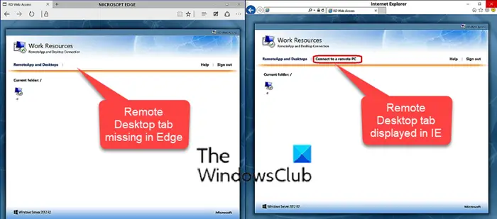 Remote Desktop tab in RDWEB is missing from Edge
