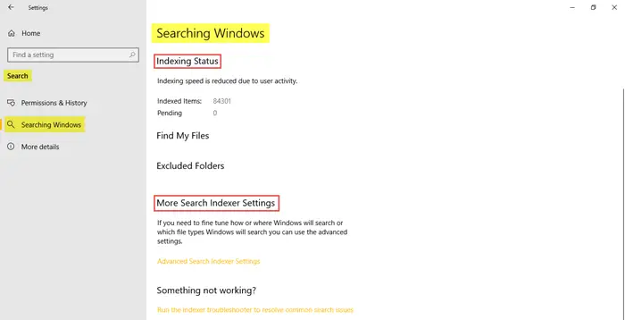 Search Settings in Windows 10