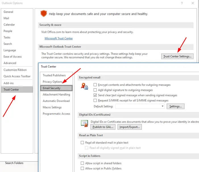 Encrypt Outlook Emails trust Center settings