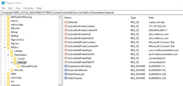 Setup custom internet connection test server Registry