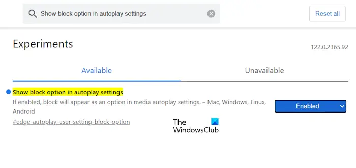 Show block option autoplay settings Edge