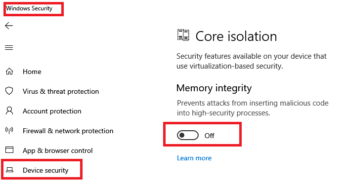 Desactive la seguridad de Windows del aislamiento del núcleo de integridad de la memoria