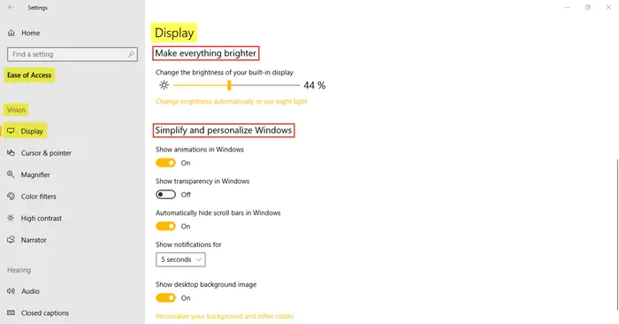 Ease of Access Settings in Windows 10