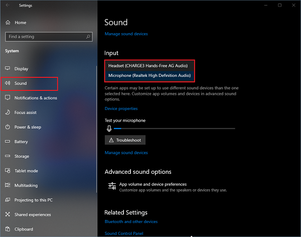 audio input devices settings