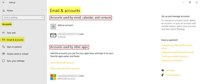 Accounts Settings in Windows 10