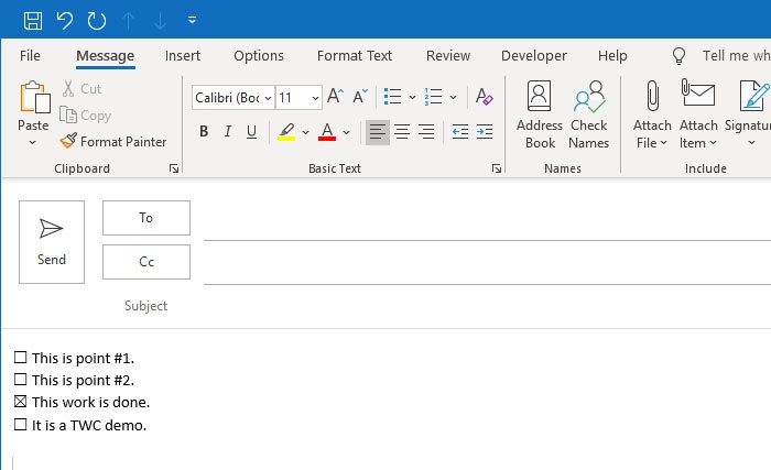 Insert a clickable checkbox in Outlook email & Mail app