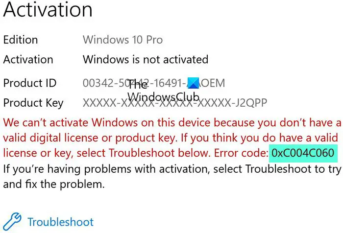 0xC004C060 windows activation error