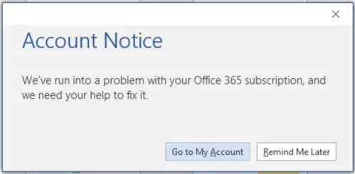 Account Notice message in your Office 365 subscription