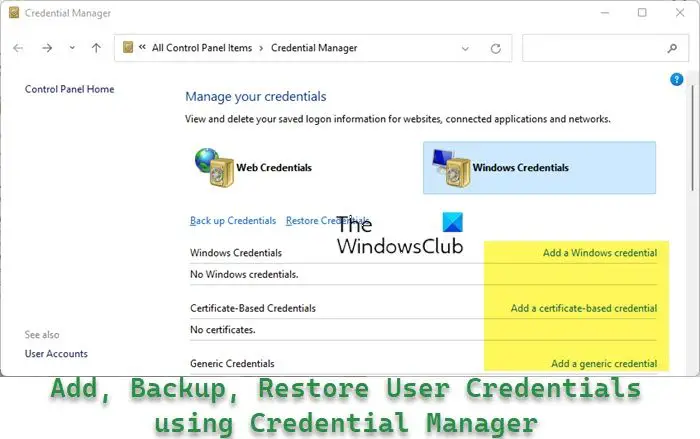 Add, Backup, Restore User Credentials using Credential Manager