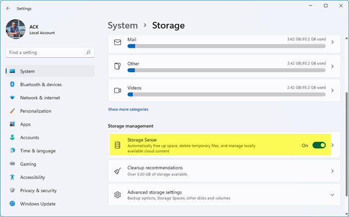 Automatically delete Junk files using Storage Sense