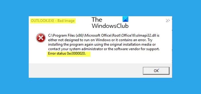 Fix Outlook.exe Bad Image, Error Status 0xc0000020 on Windows 11/10