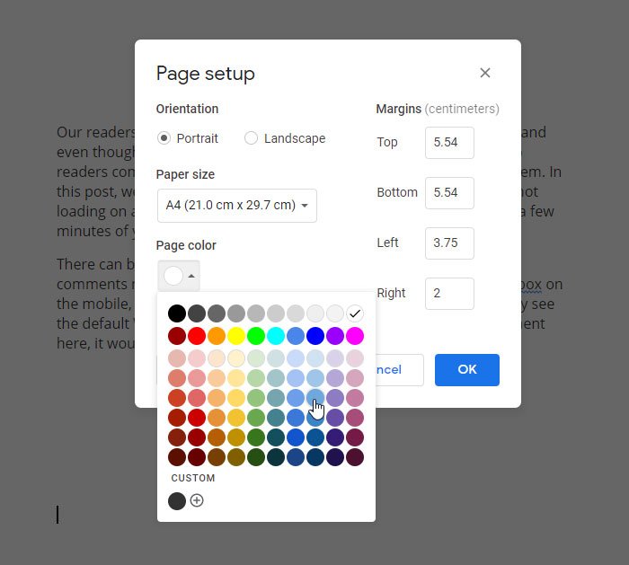 How to change Page Margin and Color in Google Docs