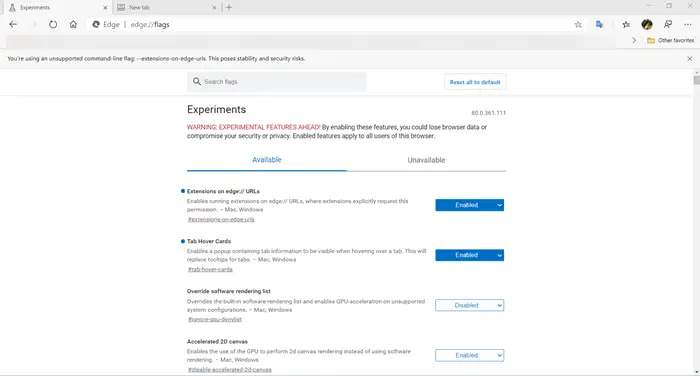 Microsoft Edge about:flags Settings page