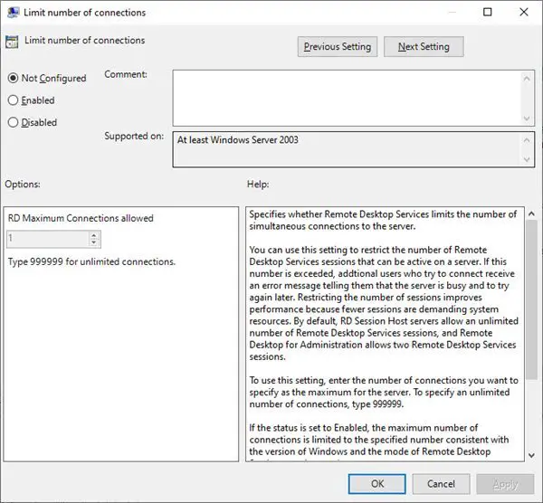 Limit the number of Remote Desktop Connections in Windows 10