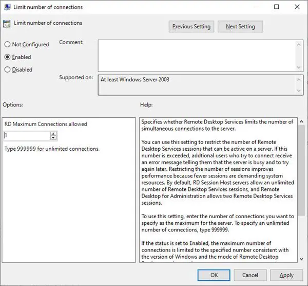 Limit the number of Remote Desktop Connections in Windows 10