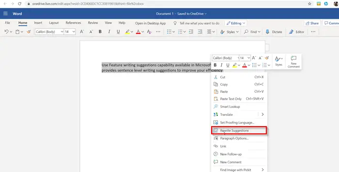 rewrite Suggestions in Word for Web