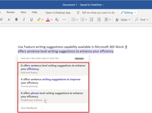 How to use Rewrite Suggestions in Word for Web application