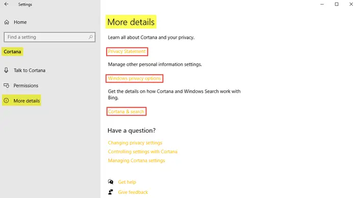 Cortana Settings in Windows 10