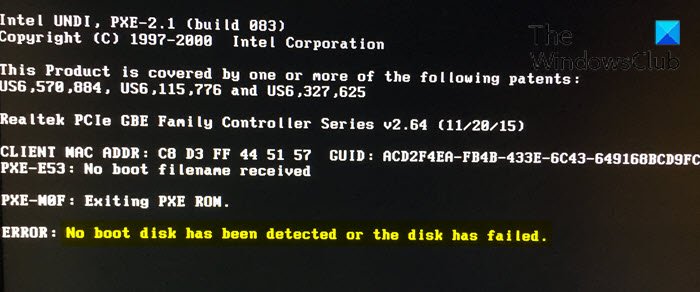 No boot disk has been detected or the disk has failed