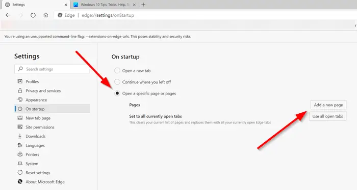 set a single or multiple homepages in Edge