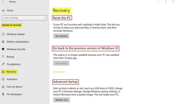 Windows Update & Security Settings in Windows 10