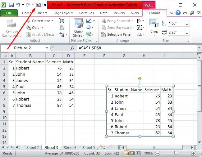 Take Screenshot using Excel Camera