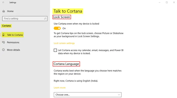 Cortana Settings in Windows 10