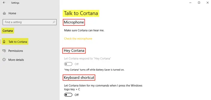 Cortana Settings in Windows 10