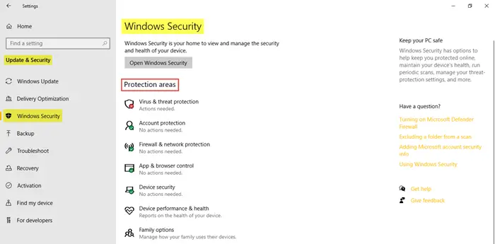 Windows Update & Security Settings in Windows 10