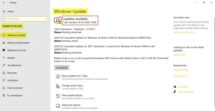 Windows Update and Security settings in Windows 10