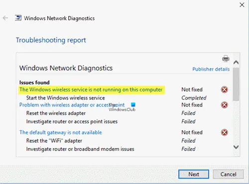 The Windows Wireless Service is not running on this computer - 62