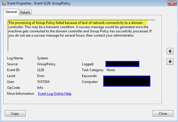 The processing of Group Policy failed because of lack of network connectivity to a domain controller