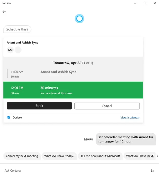 set calendar meeting Cortana
