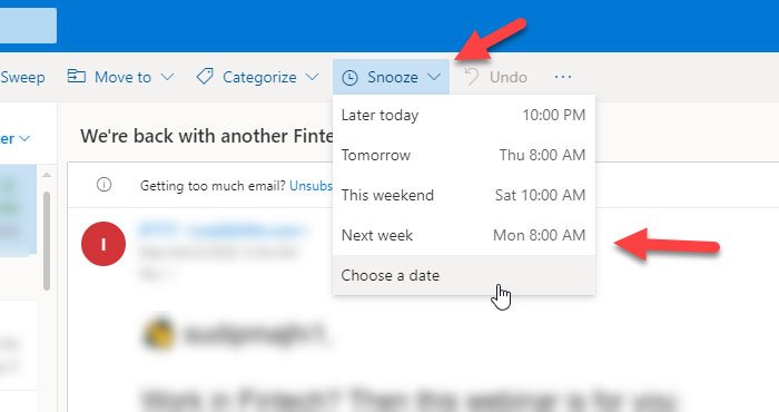 How to snooze email in Outlook.com to get a reminder