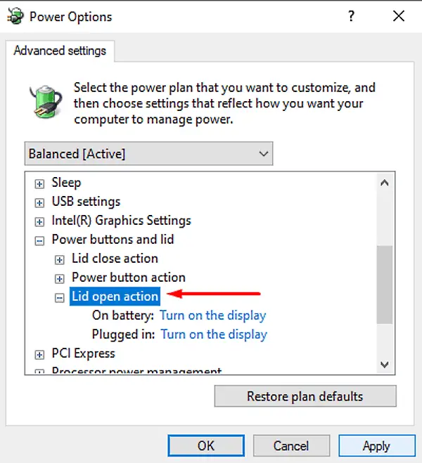 Change Laptop LID OPEN ACTION in Windows 10.