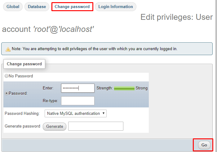 Change phpMyAdmin password on XAMPP