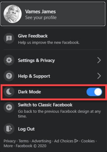 Dark Mode in Facebook
