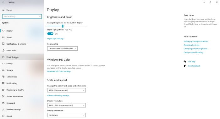 Windows 10 settings menu - Display