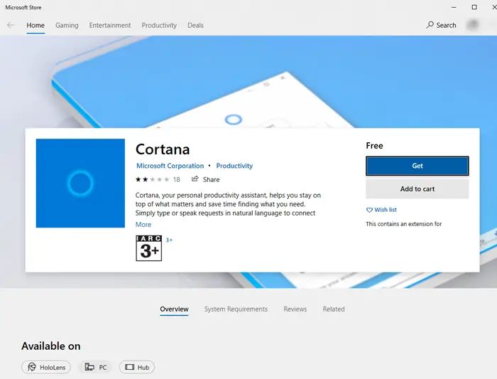 Install Cortana from Microsoft Store
