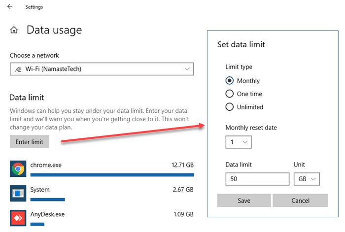 Setup data limit for network usage