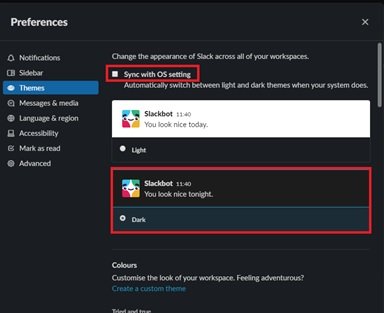 Dark mode on Slack
