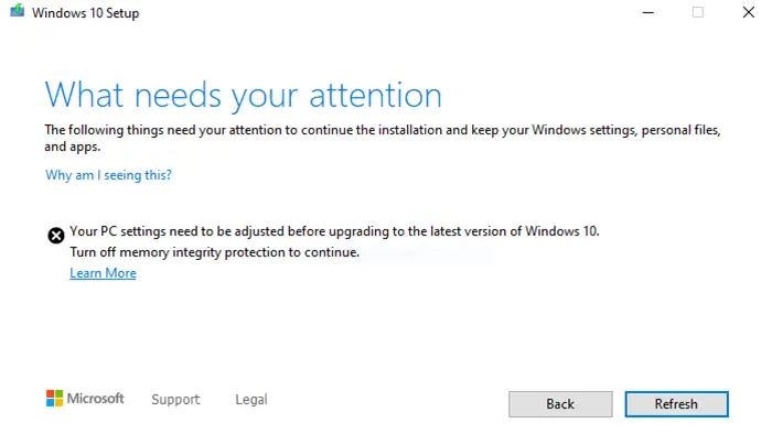 Turn off memory integrity protection to continue to update Windows 10