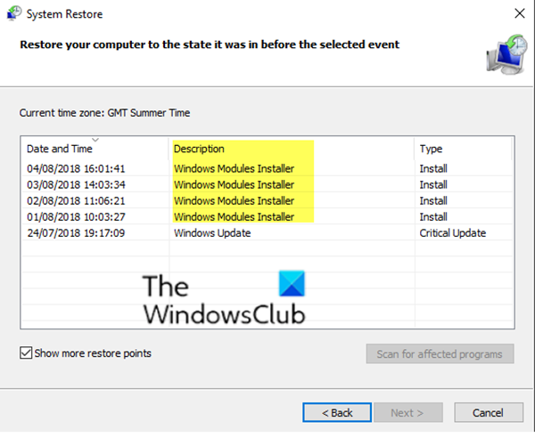 Windows Modules Installer - System Restore Point fails