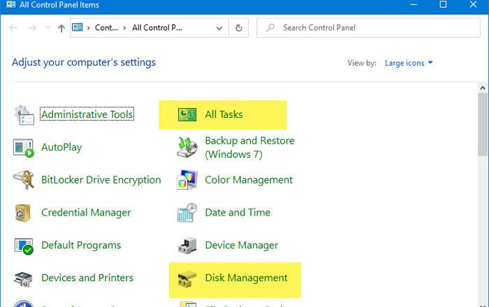add All Tasks Disk Management Control Panel