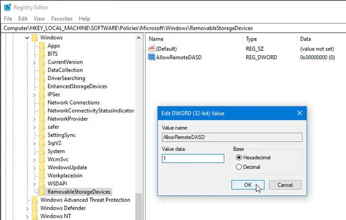 set AllowRemoteDASD value data 1