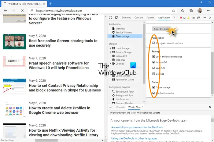 clear site data developer tools