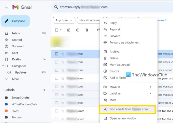 delete emails right-click menu