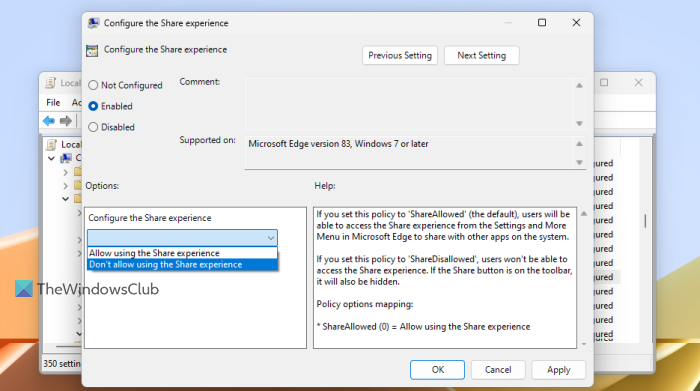 disable share button group policy