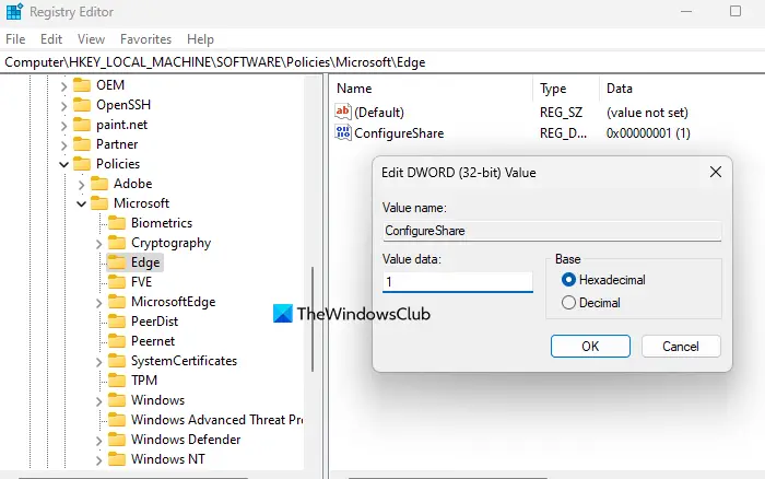 disable share option using registry