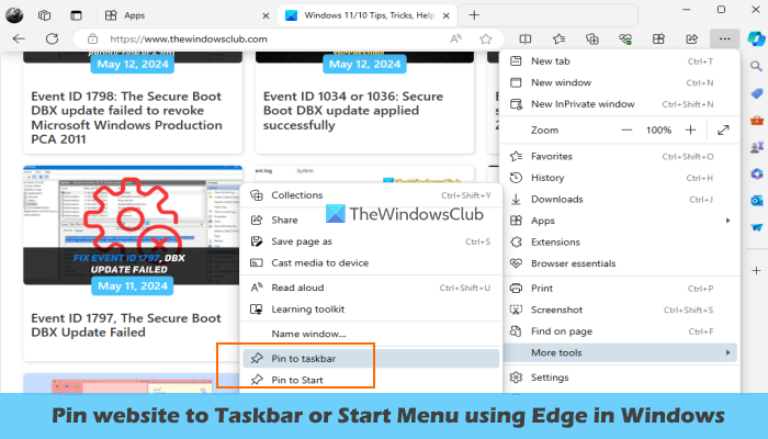 pin website taskbar using edge